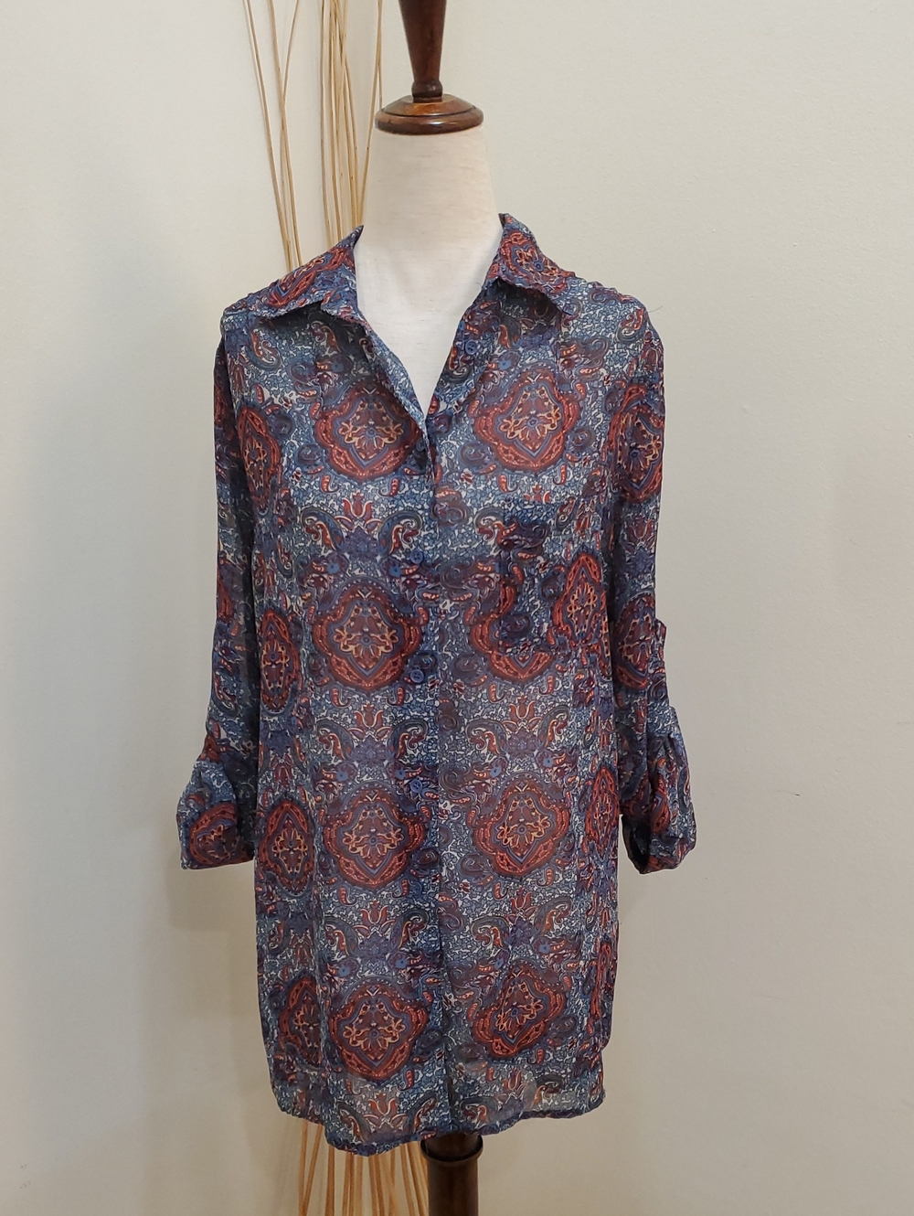Band of Gypsies Blue & Rust Paisley Sheer Button-Up Tunic